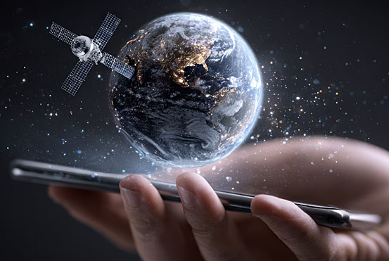 hand with smartphone, satellite and earth image