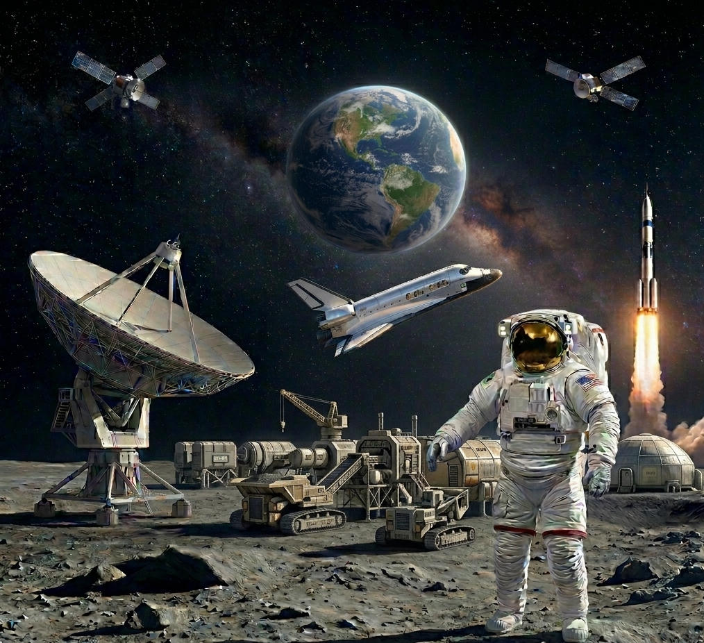 Astronaut standing on a moon-like surface near a base with antennas, rovers, and habitats, while Earth hangs in the sky above; satellites orbit overhead, a space shuttle flies by, and a rocket launches in the distance.